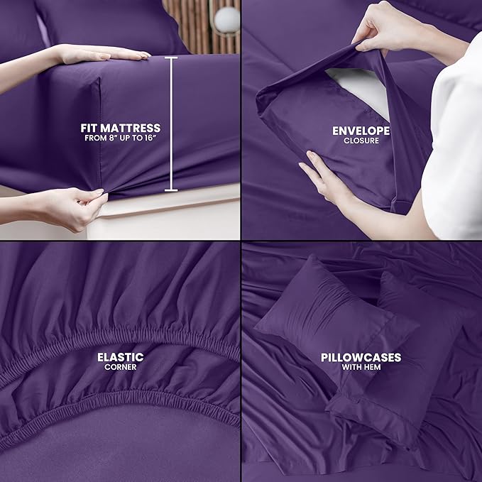 Utopia Bedding Queen Size Sheet Set – 4 Piece Bed Sheets, Soft and Breathable Microfiber, Includes 1 Fitted Sheet, 1 Flat Sheet and 2 Pillowcases – Oeko Tex (Eggplant)