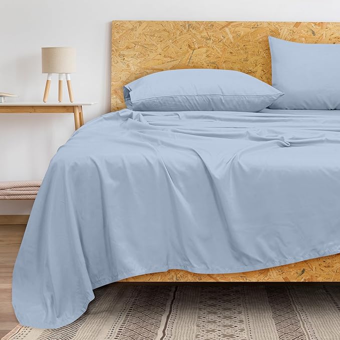 Royale Linens 300 Thread Count 100% Long Staple Combed Cotton Flat Sheet - Super Soft - Top Sheets - Full Flat Sheet Sold Separately - Breathable, Cool & Crisp Percale Sheets Only (Full, Lake Blue)