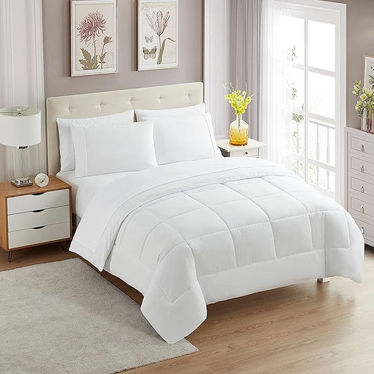 Sweet Home Collection 7 Piece Comforter Set Bag Solid Color All Season Soft Down Alternative Blanket & Luxurious Microfiber Bed Sheets, White, Full