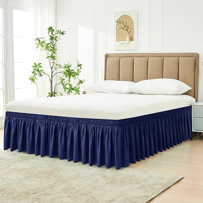 Biscaynebay Wrap Around Bed Skirts for Queen Beds 16" Drop, Navy Adjustable Elastic Dust Ruffles Easy Fit Wrinkle & Fade Resistant Silky Luxurious Fabric Solid Machine Washable