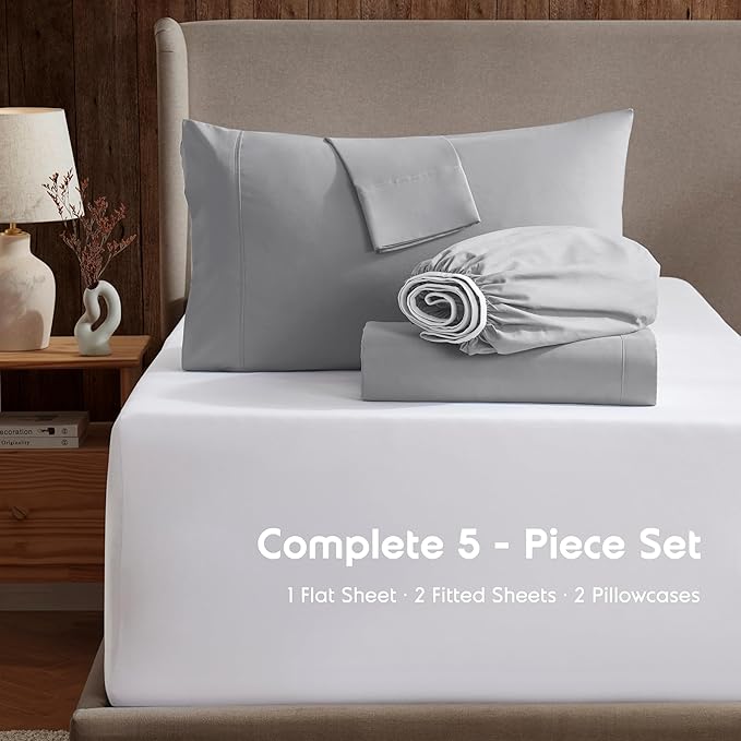 Nestl Split King Sheet Set - 1800 Ultra-Soft Microfiber Bed Sheets - Double Brushed - Deep Pockets - Easy Fit - 5 Piece Set - Bed Sheets & Pillowcases (Split King, Grey)