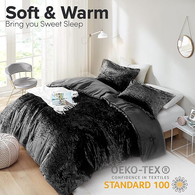 Comfort Spaces Juliette Luxe Comforter Set Velvet Lush with Soft Brushed Microfiber Reverse, All Season Cozy Velvet Bedding Sets, Fluffy Comforter Bed Set, Matching Sham, Black King 3 Piece