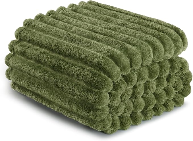 Exclusivo Mezcla Twin Size Flannel Fleece Blanket, Super Soft Striped Jacquard Bed Blanket, Lightweight Fuzzy Cozy for All Seasons, 60x80 Inches, Olive Green
