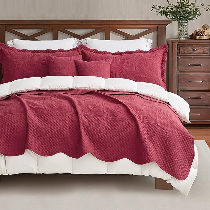 Oversized King Bedspread, Paisley Pattern Design, Lightweight Bedding Cover, Reversible, 5 Piece, 100% Microfiber, Wine Red