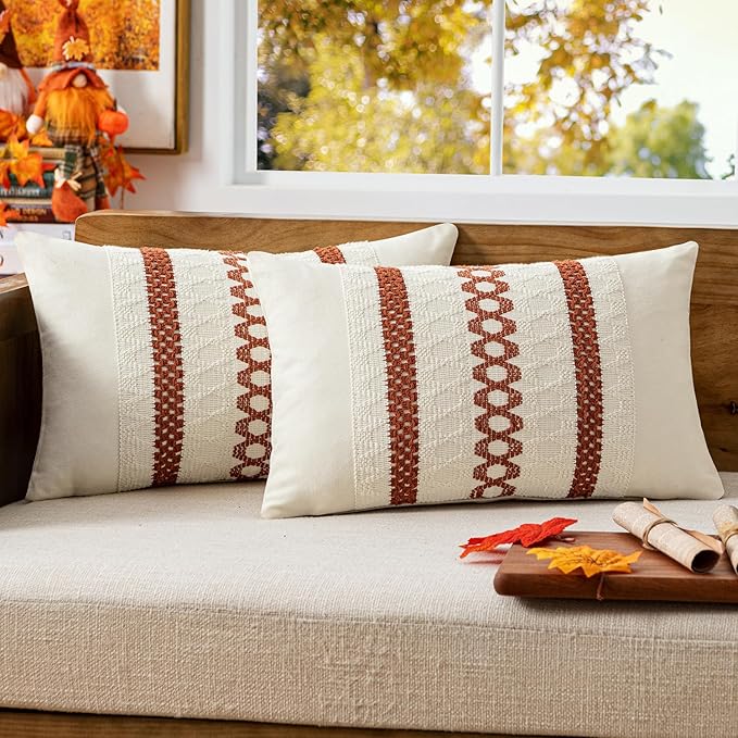 MIULEE Set of 2 Burnt Orange Decorative Lumbar Pillow Covers 12x20 Inch Farmhouse Rustic Boho Couch Throw Pillows Modern Cushion Covers Retro Cute Macrame Woven Home Decor for Bed Sofa Chair