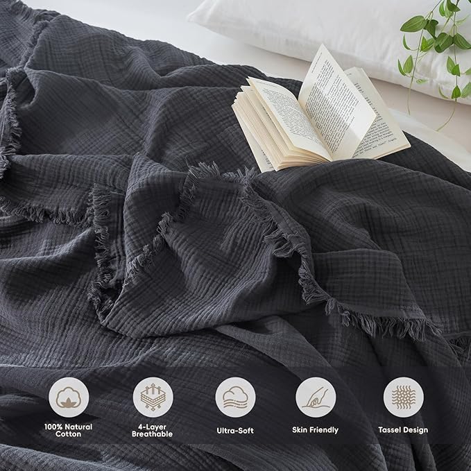 MooMee Muslin Blanket - 100% Cotton 4-Layer Gauze Throw Blanket with All-Around Fringe, Ultra-Soft Breathable Lightweight Cooling Decorative for Bed, Sofa & Couch (Dark Grey, Queen 90" x 90")