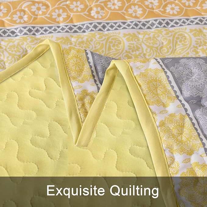 WONGS BEDDING Boho Quilt Set King Size, Yellow Bohemian 3 Pieces Fall Quilt Sets, Lightweight Bedspread Coverlet Bedding Set for All Season (104"x90")