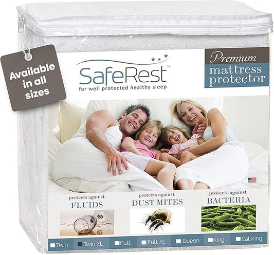 SafeRest Waterproof Twin XL Size Mattress Protector - Fitted with Stretchable Pockets - Machine Washable Cotton Blend Mattress Cover for Bed