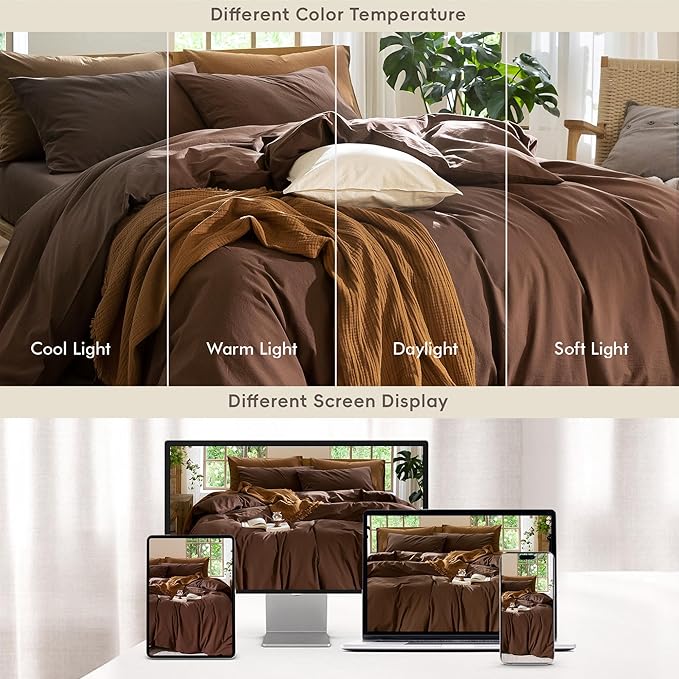 MooMee Bedding Duvet Cover Set 100% Washed Cotton Linen Like Textured Breathable Durable Soft Comfy (Solid Cocoa Brown, Full 80"x90")