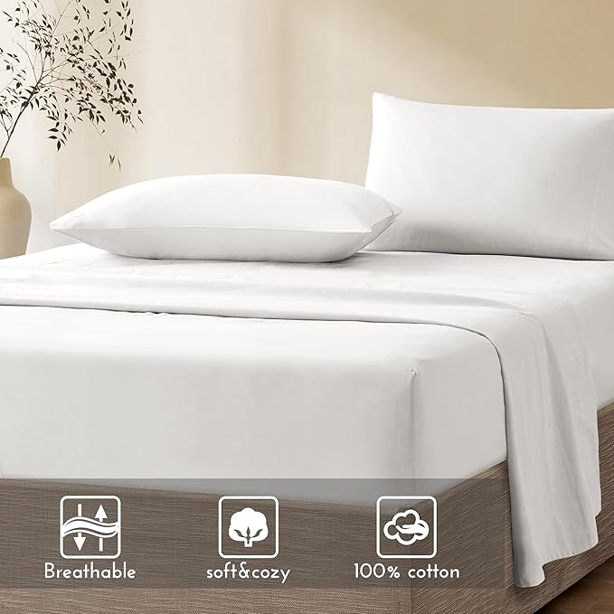 Comfort Spaces 100% Cotton Sheet Set Breathable, Lightweight, Soft with 14" Elastic Pocket Fits up to 16" Mattress, All Season Cozy Bedding, Matching Pillow Case, Cal King White 4 Piece