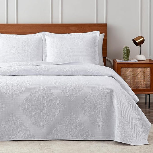 Hansleep White Quilt Queen Size - Textured Ultrasonic All Season Bedspread Queen, Soft Lightweight Coverlet Bedding Set, 3 Pieces (1 Quilt, 2 Pillow Shams)