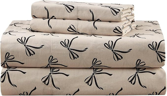 Comfort Spaces 100% Cotton Sheets Queen, Breathable, Naturally Cool Cotton Sheets, Cotton Bed Sheets with 14" Elastic Pocket Fits up to 16" Mattress, All Seasons Sheet Set, Bow Black/Taupe 4 Piece