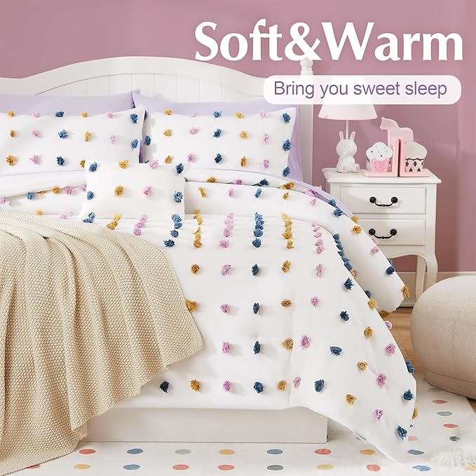 Geniospin Full Comforter Set, 7 Pieces Ball Pom Comforter Sets, Colored Pom Bed in a Bag Full, All Season Down Alternative Bedding Set, Lightweight, Warm and Breathable