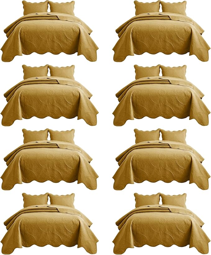 IR Imperial Rooms 8 Pack Quilt King Size Bedding (106" x 96") - Bulk Wholesale for Hotels, Guest Bedroom & Airbnbs - Lightweight Microfiber Reversible Floral Embossed Quilts Bedspreads (Ochre)