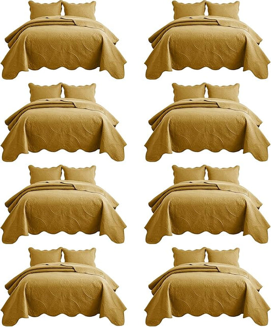 IR Imperial Rooms 8 Pack Quilt King Size Bedding (106" x 96") - Bulk Wholesale for Hotels, Guest Bedroom & Airbnbs - Lightweight Microfiber Reversible Floral Embossed Quilts Bedspreads (Ochre)
