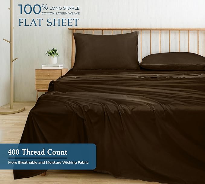 400 Thread Count 100% American Grown Cotton Flat Sheet - Cooling Sheets - Queen Sheets - Luxury Sateen Weave - Queen Flat Sheet Sold Separately - Chocolate Flat Sheet Only (Queen, Egyptian Camel)