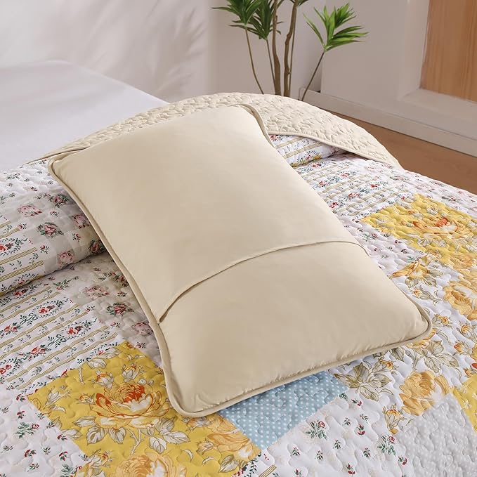 Anibedding Yellow Patchwork Quilt Set Queen Size Boho Floral Plaid Bedspread Coverlet Set, Soft Microfiber Bedding Set Summer Bed Cover, Yellow & Blue Patchwork Farmhouse Bedspread for All Season