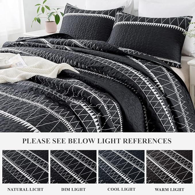Andency Black Oversized Super King Quilt Set, 3 Pieces Boho Lightweight Soft Striped Bedspread for All Season (120"x120"), Printed Bohemian Microfiber Reversible Coverlet Comforter Sets