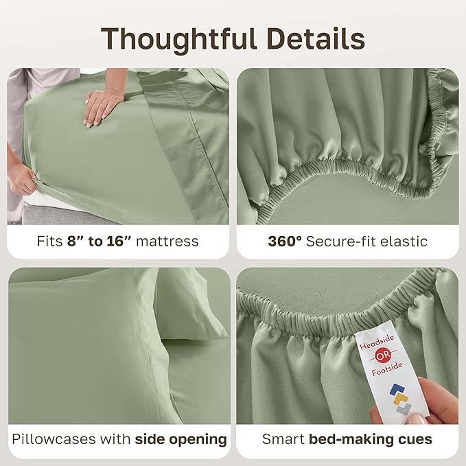 California Design Den Natural 100% Cotton Bed Sheets King Size Set - Luxury 600 Thread Count Sateen, Hotel Quality King Size Sheet Set, Fully Elasticized Deep Pockets, Cool and Durable - Laurel Green