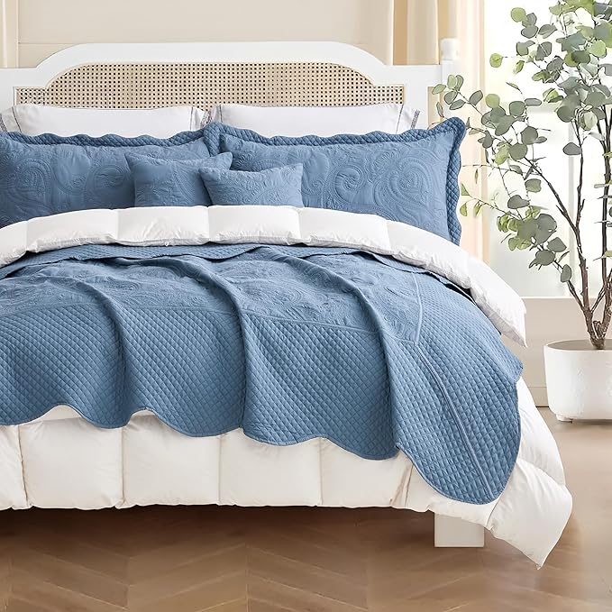 Oversized King Bedspread 138x122 Extra Wide, Paisley Pattern Design, Lightweight Bedding Cover, Reversible, 5 Piece, 100% Microfiber, California/Alaskan King, Smokey Blue