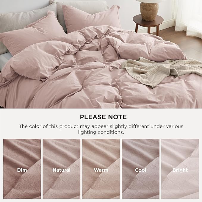 Bedsure 100% Washed Cotton Duvet Cover Twin Size - Petal Pink Minimalist Cotton Duvet Cover Linen Like for All Seasons - GentleSoft™ Plain Simple Bedding (Petal Pink, Twin, 68"x90")