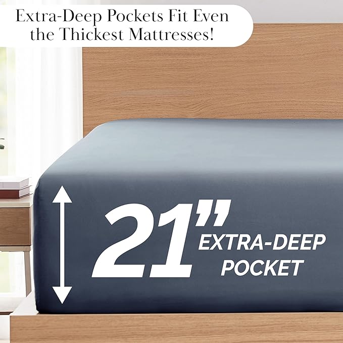 Southshore Fine Living, Inc. Pleated Hem, 21-Inch Extra Deep King Size Sheets, 4-Piece King Sheet Set, 1 Fitted Sheet, 1 Oversized Flat, Pillow Cases Set of 2, Blue Sheets King Size, Slate Blue