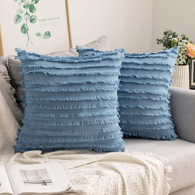 MIULEE Set of 2 Decorative Boho Throw Pillow Covers Linen Striped Jacquard Pattern Cushion Covers for Sofa Couch Living Room Bedroom 18x18 Inch Blue