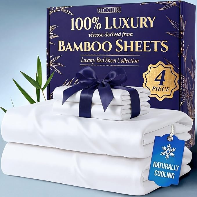 DECOLURE 100% Viscose Derived from Bamboo Sheets King Size - Luxury 4 Pc Naturally Cooling Sheets, Ultra Soft Bed Set - Deep 17" Pockets, Durable Double Stitching, Oeko Tex Standard (White)