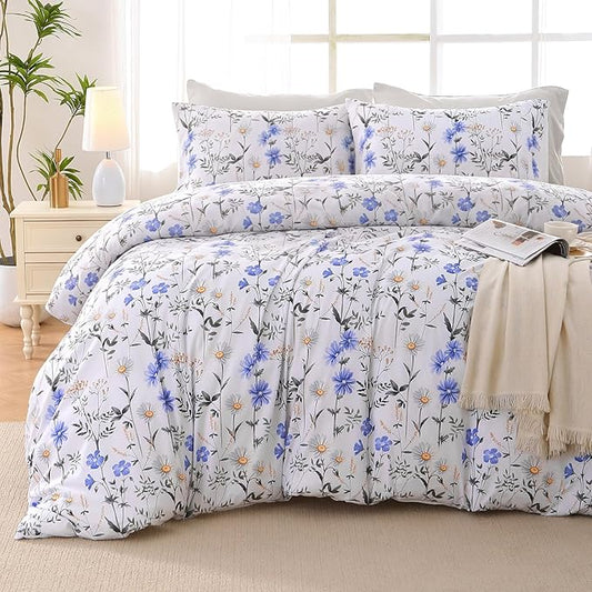 MUXHOMO Blossom Blue Bed in a Bag Queen 7 Pieces, Queen Comforter Set Reversible Botanical Flowers Design, Ultra Soft & Breathable Bedding Sets with Comforter, Sheets, Pillowcases & Shams