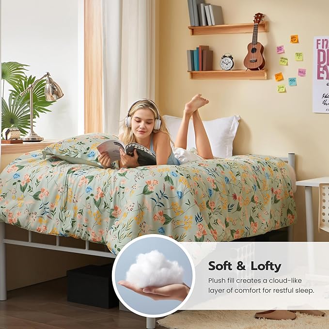 Joiedomi Twin Comforter Set Light Green, 2 Pieces Floral Twin Bedding Set with 1 Soft Reversible Flower Comforter and 1 Pillow Sham, Bed in a Bag for All Seasons