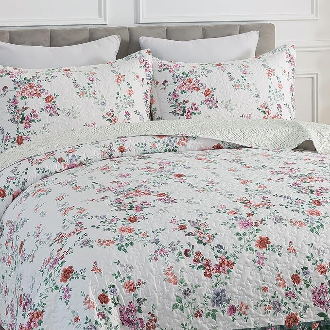 Travan 3-Piece Quilt Set Quilted Bedspread Lightweight Coverlet Set Garden Style Floral Printed Oversized Quilted Bedding Set with Shams for All Season, Exquisite, King Size