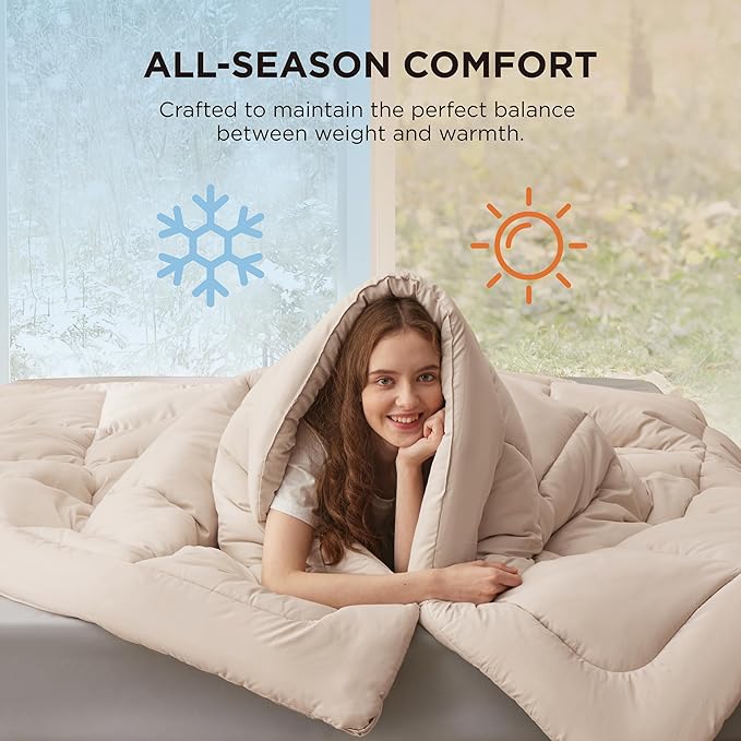 Bedsure Comforter Duvet Insert - Quilted Comforters Queen Plus Size, All Season Duvet, GentleSoft Down Alternative Bedding, with 8 Tabs, Gifts for Women/Men,Beige,Queen Plus 90 x 90 Inches