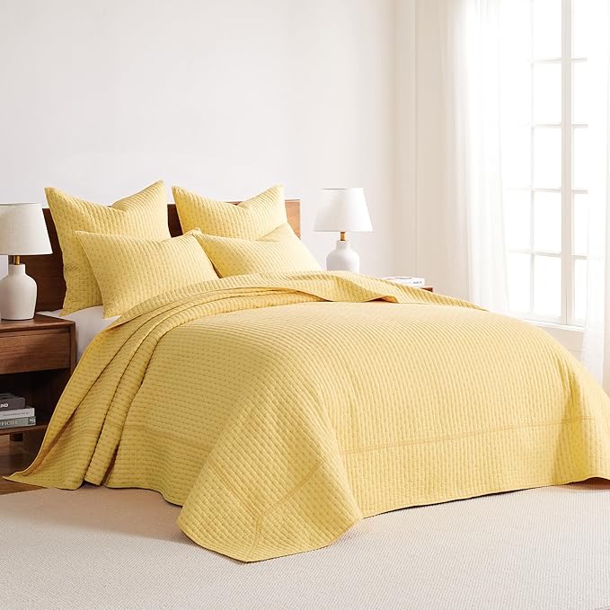 Levtex Home Cross Stitch Reversible Full Bedspread Set (100x104in) with 2 Pillow Shams (26x20in) - Stitch Texture - Yellow - Cotton Full Size Bedspread Set - Lightweight, Soft, Pre-Washed