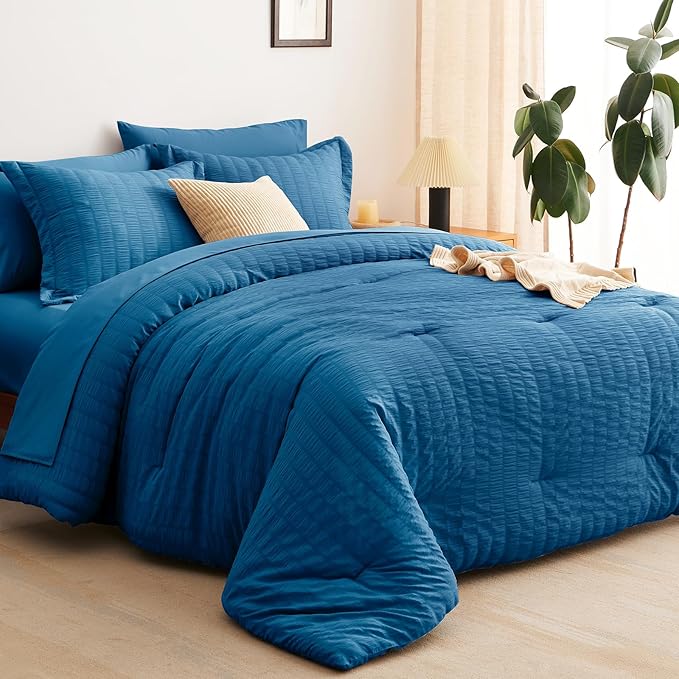 CozyLux King Seersucker Comforter Set with Teal Bed in a Bag 7-Piece All Season Bedding Set with Comforter, Pillow Sham, Flat Sheet, Fitted Sheet, Pillowcase