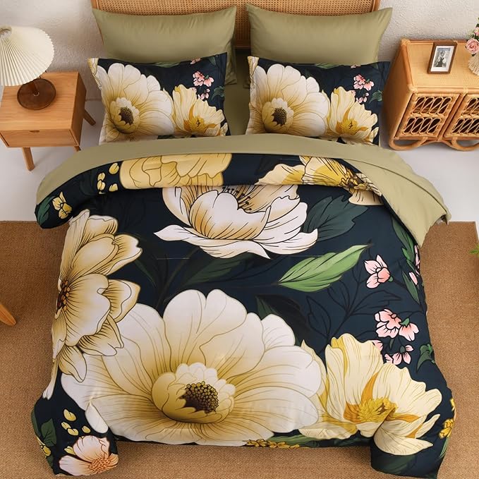Xruibed Dark Green Floral Comforter Set King Size 7 Pieces Bed in a Bag Flower Bedding Sets Lightweight Boho Bed Set with Sheet,Pillowcases&Shams for All Season