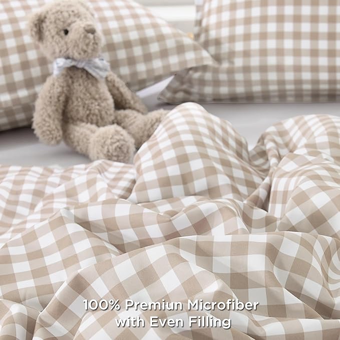 Andency Tan Gingham Comforter Set Twin(66x90Inch), Brown Checkered Grid Plaid Buffalo Bed Set for Girls Boys Kids Teens, 2 Pieces Lightweight Microfiber Geometric Preppy Bedding