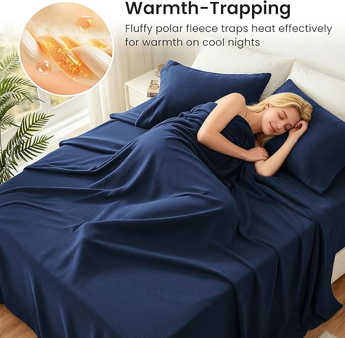 Love's cabin Fleece Full Sheet Set - 4 Pcs Dark Blue Super Soft Plush Polar Fleece Bed Sheets Set with 16" Deep Pocket,Cozy Warmth for Cold Season(1 Flat Sheet,1 Fitted Sheet,2 Pillow Cases)