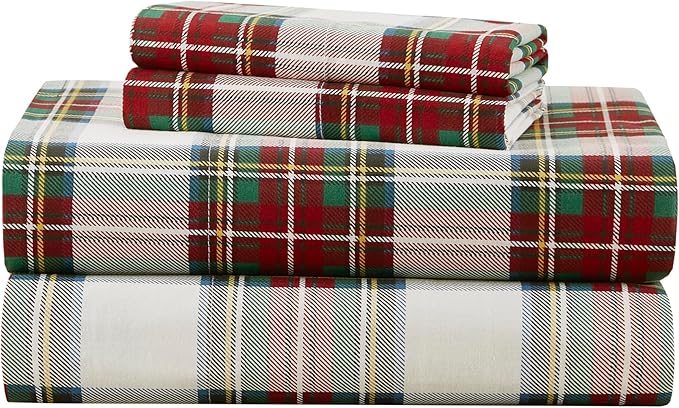 Comfort Spaces 100% Cotton Sheets Full, Breathable, Naturally Cool Cotton Sheets, Cotton Bed Sheets with 14" Elastic Pocket Fits up to 16" Mattress, All Seasons Sheet Set, Scottish Plaid Red 4 Piece