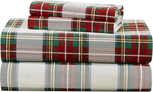 Comfort Spaces 100% Cotton Sheets Full, Breathable, Naturally Cool Cotton Sheets, Cotton Bed Sheets with 14" Elastic Pocket Fits up to 16" Mattress, All Seasons Sheet Set, Scottish Plaid Red 4 Piece