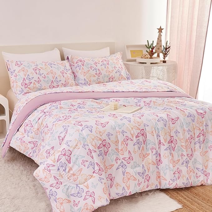 Yibeizi Butterfly Kids Comforter Set for Girls Full Size, Cute Quilted Lavender Printed Bedding Set with Pillow Sham, Lightweight Soft Breathable Machine Washable Bed Set 3 Piece