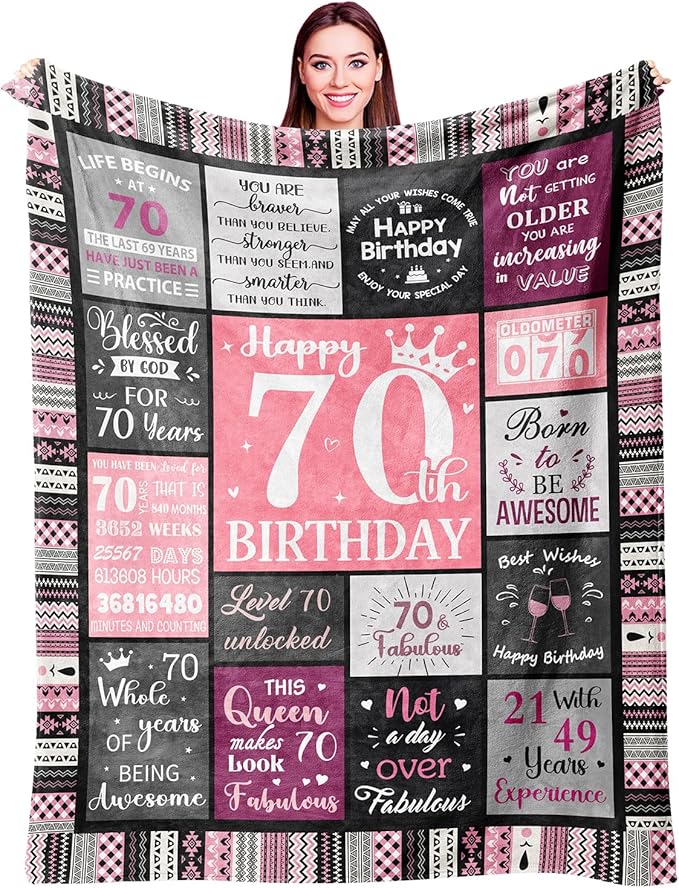 70th Birthday Gifts for Women, Happy 70th Birthday Decorations, 1956 Birthday Gifts for 70 Year Old Woman, Soft Flannel Pink Throw Blanket 60”X50”