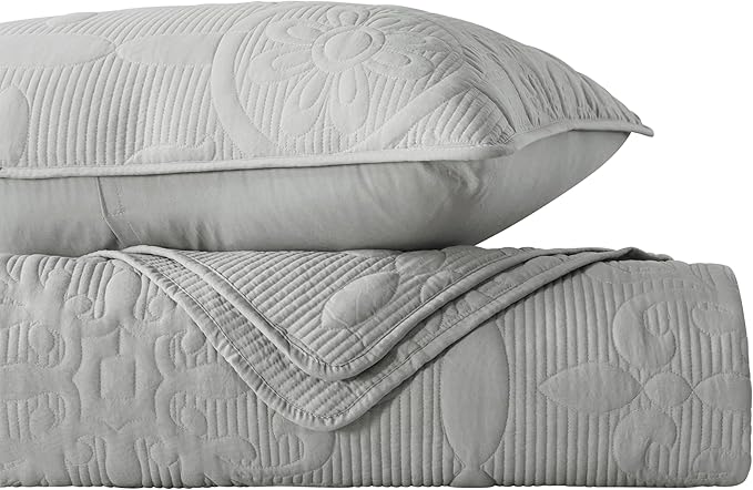 Light Grey Damask Quilt Queen Size Bedding Sets with 2 Pillow Shams, Boho Bedspread Lightweight Soft Farmhouse Vintage Bohemian Coverlet Retro Jacquard Pattern Bed Cover for All Season, 3 Pieces