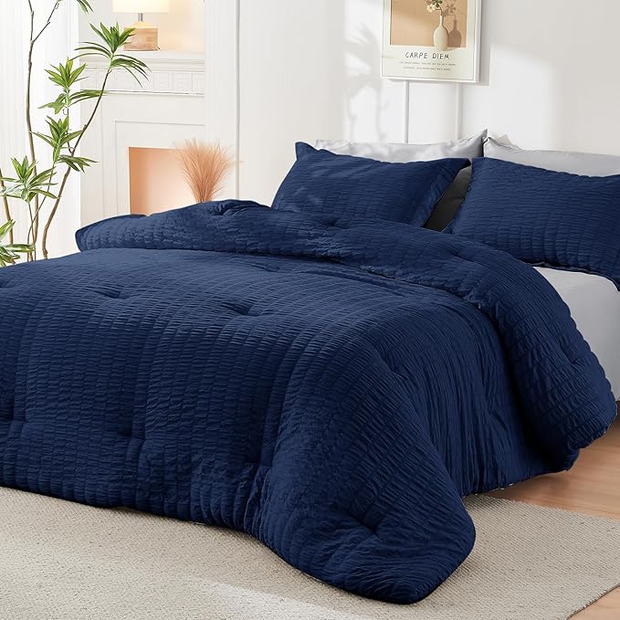 HYMOKEGE Navy Blue/Light Grey King Size Comforter Set Seersucker 7 Pieces, All Season Luxury Bed in a Bag for Bedroom, Bedding Set with Comforter, Sheets, Pillowcases & Shams