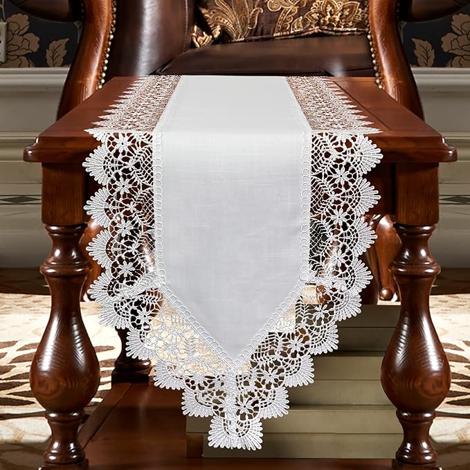 Elegant Vintage White Table Runner 72 inches Long with Exquisite Macrame and Embroidered Floral Pattern Perfect as a Dresser Scarf (14X72'')