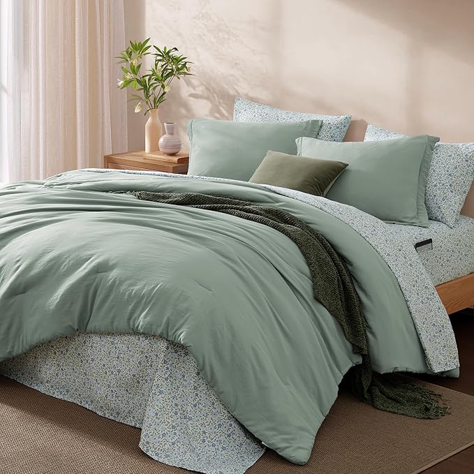 Monbix Queen Comforter Set - 7 Pieces Sage Green Prewashed Bed in a Bag Queen Bedding Sets with Comforters, All Seasons Ultra Soft Comforter Bed Set with Sheets,Pillowcases & Shams