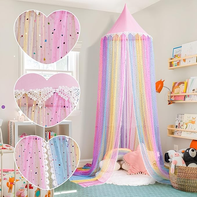Rainbow Bed Canopy for Girls,Shiny Kids Princess Round Dome Bed Curtain with Love Heart Glitter,Kids Crib Canopy Play Tent Canopy Dreamy Bed Netting for Girls