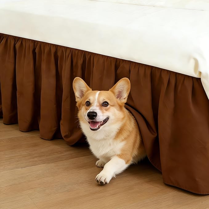 RIMELA Bed Skirt Queen Size 15 Inch Drop, Elastic Bed Skirting for Bed Base and Frame, Bedding Dust Ruffle Easy to Install, Wrap Around Adjustable Bedskirt, Chocolate Brown