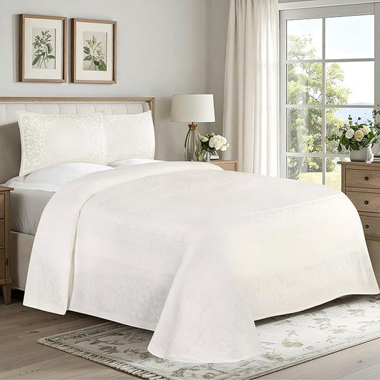 Superior Cotton Blend Bedspread Set, Includes Oversized Bedspread and 2 Matching Pillow Shams, Light Weight Blanket, Bedding Decor, Jacquard Vintage Floral Mandala, Lyron Collection - Twin, Off White