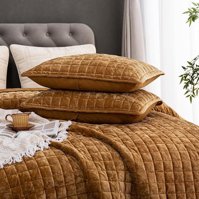 PHF Luxurious Velvet Quilt Set Twin Size – 2PCS Super Soft Quilted Comforter Alternative with Square-Box Quilt Pattern, Warm Quilted Bedspread Coverlet, 68" x 92", Rusty Burnt Orange