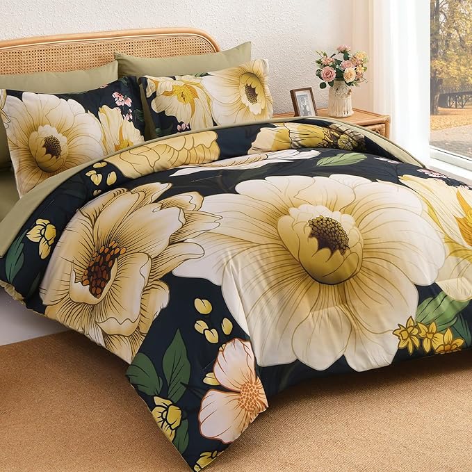Xruibed Dark Green Floral Comforter Set King Size 7 Pieces Bed in a Bag Flower Bedding Sets Lightweight Boho Bed Set with Sheet,Pillowcases&Shams for All Season